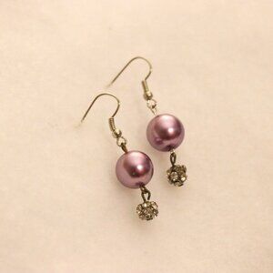 Round purple pearl style beaded earrings with sparkle multi stone detailed drop